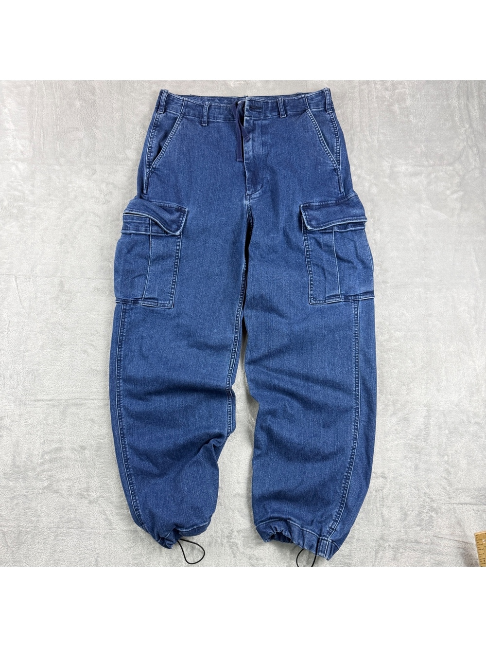 UNIQLO Mens Denim Cargo Pants Blue Utility Parachute Drawstring Hem Size S Skate